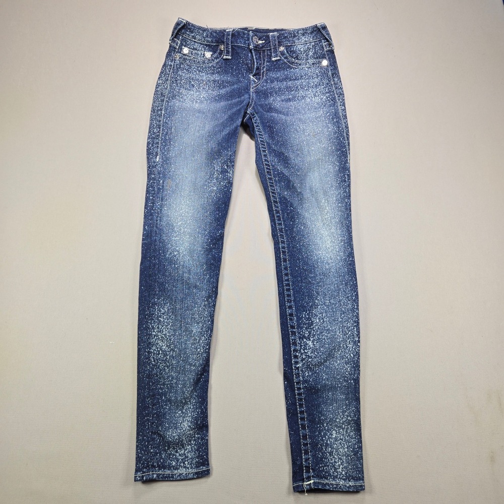 True Religion Skinny Jeans Splatter Acid Wash Dark Blue Denim Womens 27